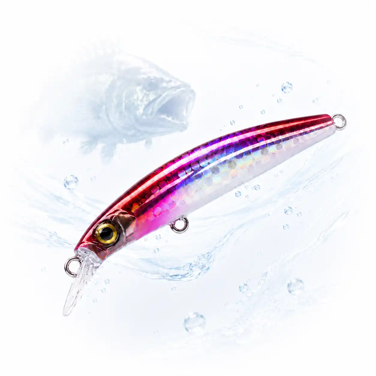 Leurre coulant Artister Minnow™ rouge et holographique pour la pêche du bar depuis le bord, avec silhouette discrète de bar en attaque sur fond blanc aquatique.